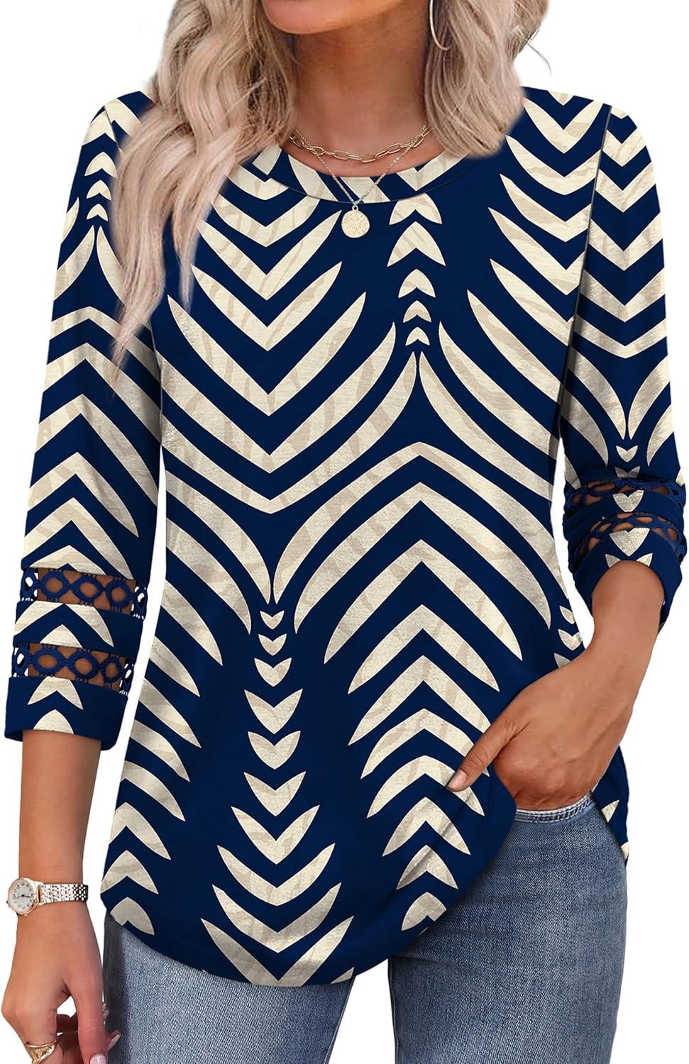 imageXIEERDUO 34 Length Sleeve Womens Tops and Blouses Dressy Casual Crewneck T Shirts Fashion Clothes Loose Fit TrendyZ Print Navy