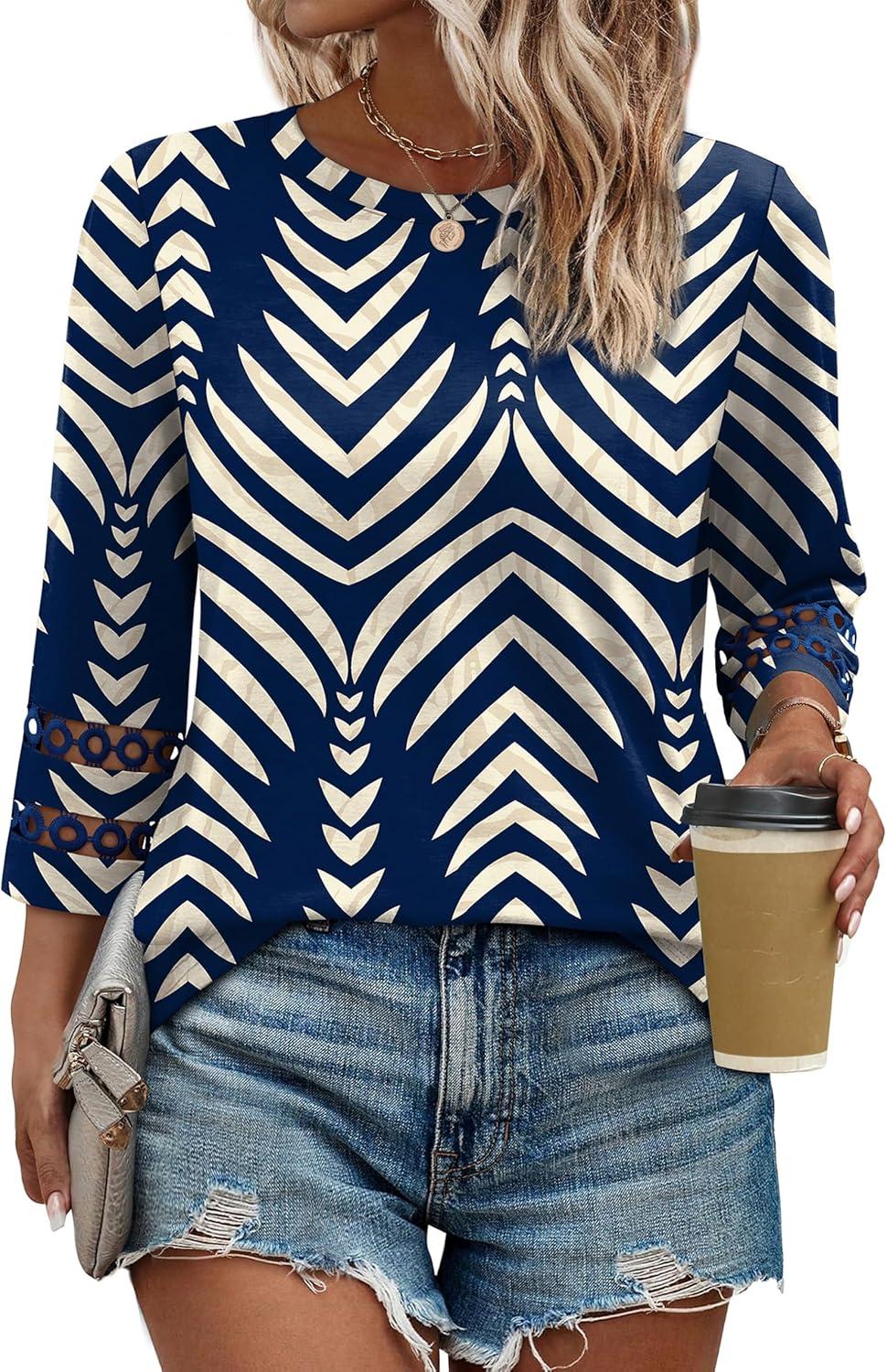 imageXIEERDUO 34 Length Sleeve Womens Tops and Blouses Dressy Casual Crewneck T Shirts Fashion Clothes Loose Fit TrendyZ Print Navy