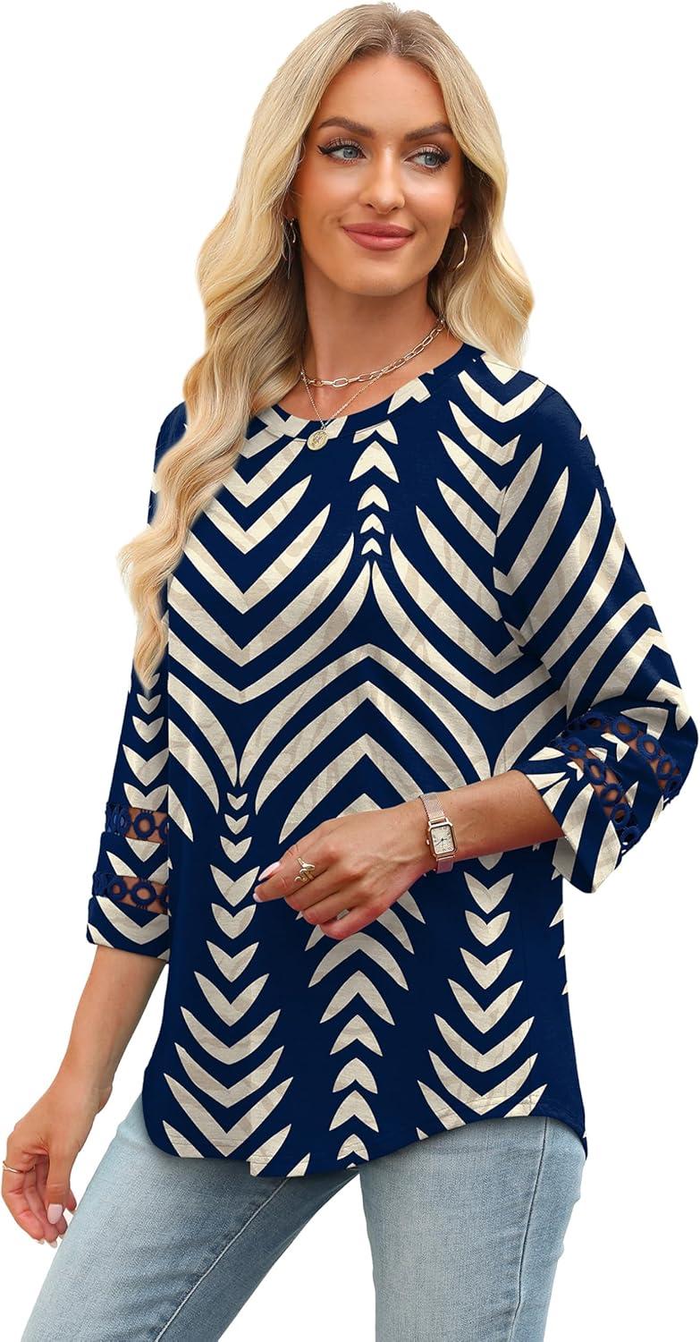 imageXIEERDUO 34 Length Sleeve Womens Tops and Blouses Dressy Casual Crewneck T Shirts Fashion Clothes Loose Fit TrendyZ Print Navy