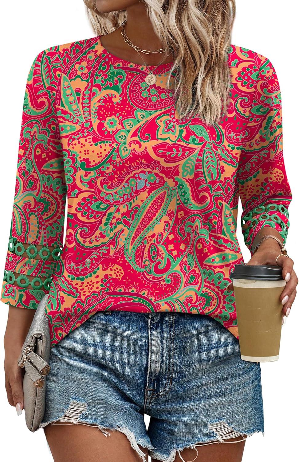 imageXIEERDUO 34 Length Sleeve Womens Tops and Blouses Dressy Casual Crewneck T Shirts Fashion Clothes Loose Fit TrendyZ Red Boho