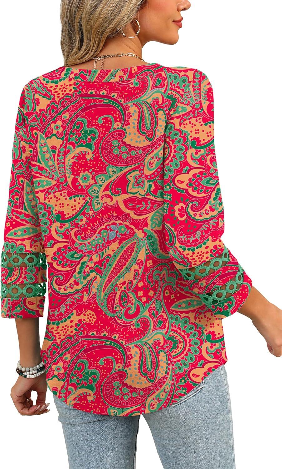 imageXIEERDUO 34 Length Sleeve Womens Tops and Blouses Dressy Casual Crewneck T Shirts Fashion Clothes Loose Fit TrendyZ Red Boho