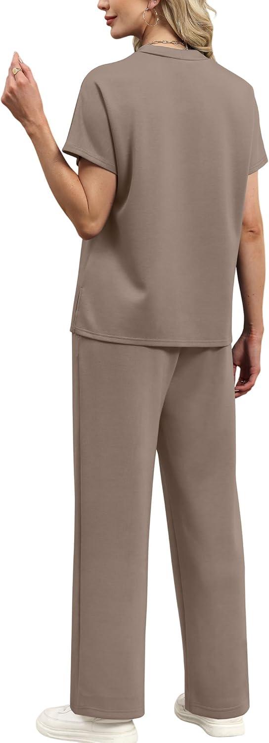 imageXIEERDUO Lounge Sets for Women Fashion Summer 2026 2 Piece Outfits Spring Short Sleeve Loungewear Airport Tracksuits Travel Track Suits Vacation Clothes Wide Leg Pants Matching Clothing Khaki M