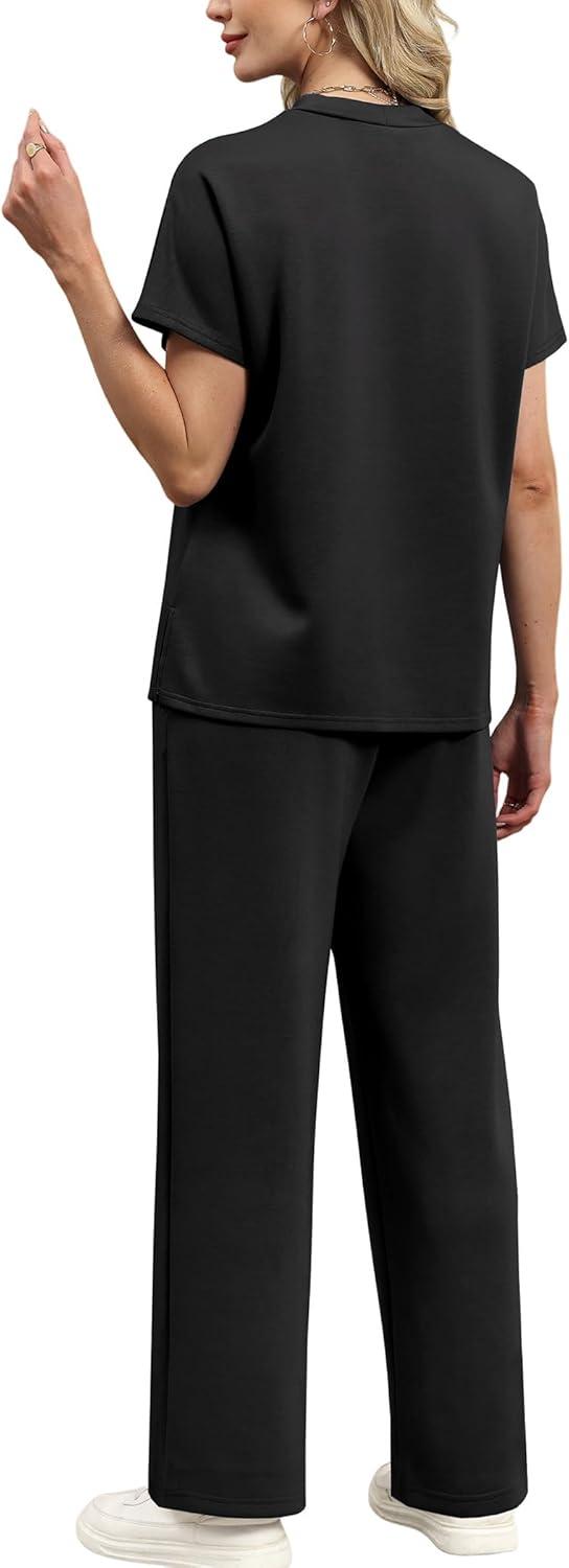 imageXIEERDUO Lounge Sets for Women Fashion Summer 2026 Two Piece Outfits Spring Short Sleeve Loungewear Airport Tracksuit Travel Track Suits Vacation Clothes Wide Leg Pants Matching Clothing Black M