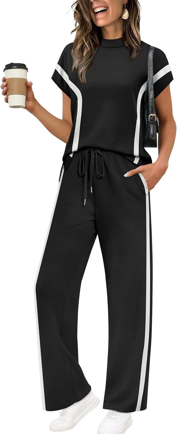 imageXIEERDUO Lounge Sets for Women Fashion Summer 2026 Two Piece Outfits Spring Short Sleeve Loungewear Airport Tracksuit Travel Track Suits Vacation Clothes Wide Leg Pants Matching Clothing Black M