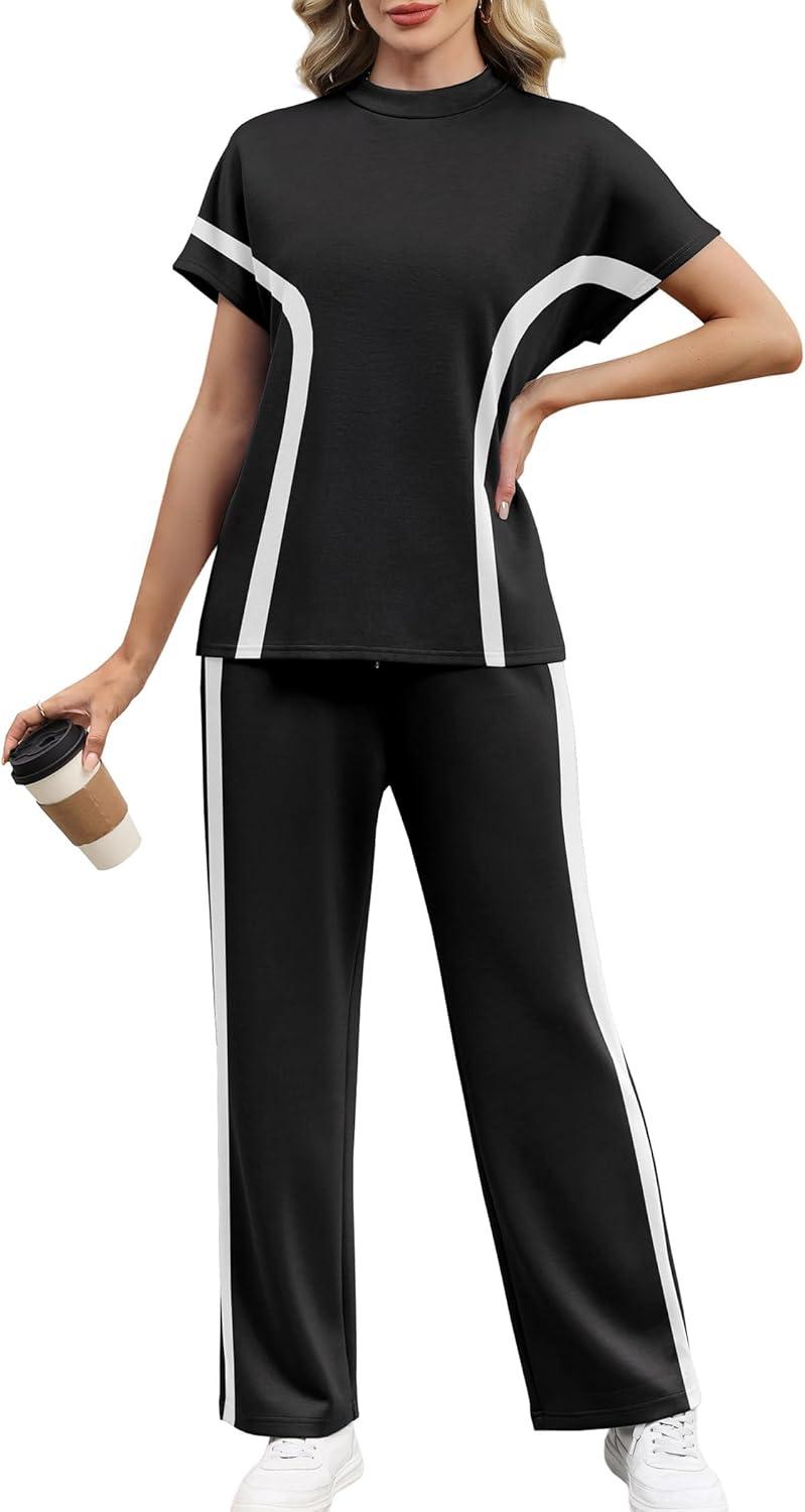 imageXIEERDUO Women Lounge Sets Summer 2 Piece Outfits Spring Airport Wide Leg Loungewear Travel Short Sleeve Tracksuit Vacation Mock Neck Track Suits Woman Resort Cruise Wear Loose Fit Black S