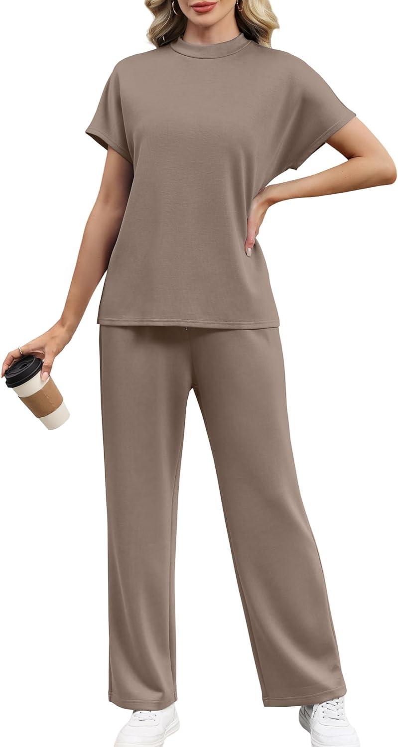 imageXIEERDUO Women Lounge Sets Summer Two Piece Outfits Spring Airport Wide Leg Loungewear Travel Short Sleeve Tracksuits Vacation Mock Neck Track Suits Woman Resort Cruise Wear Loose Fit Khaki S