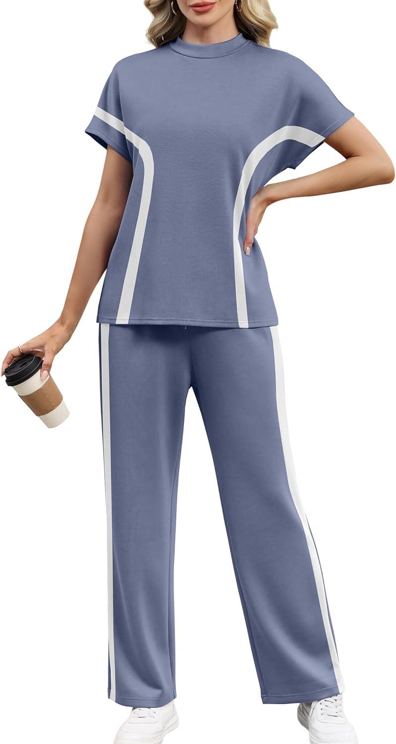 imageXIEERDUO Women Two Piece Lounge Sets 2 PC Travel Outfits Summer Fashion Tracksuits Spring Comfy Loungewear Mock Neck Short Batwing Sleeve Track Suits Womens Vacation Cruise Resort Wear Blue S