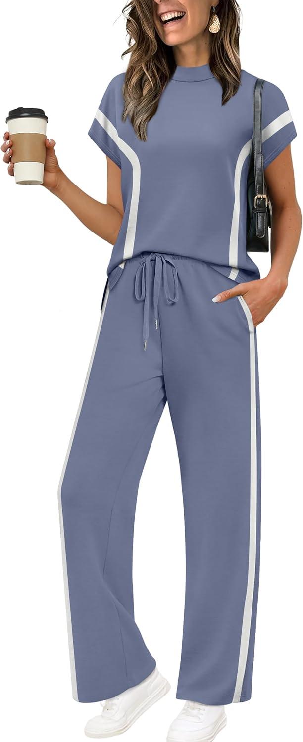 imageXIEERDUO Women Two Piece Lounge Sets 2 PC Travel Outfits Summer Fashion Tracksuits Spring Comfy Loungewear Mock Neck Short Batwing Sleeve Track Suits Womens Vacation Cruise Resort Wear Blue M