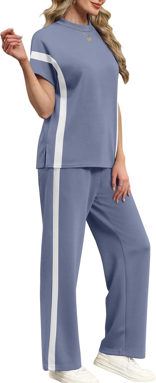 imageXIEERDUO Women Two Piece Lounge Sets 2 PC Travel Outfits Summer Fashion Tracksuits Spring Comfy Loungewear Mock Neck Short Batwing Sleeve Track Suits Womens Vacation Cruise Resort Wear Blue S