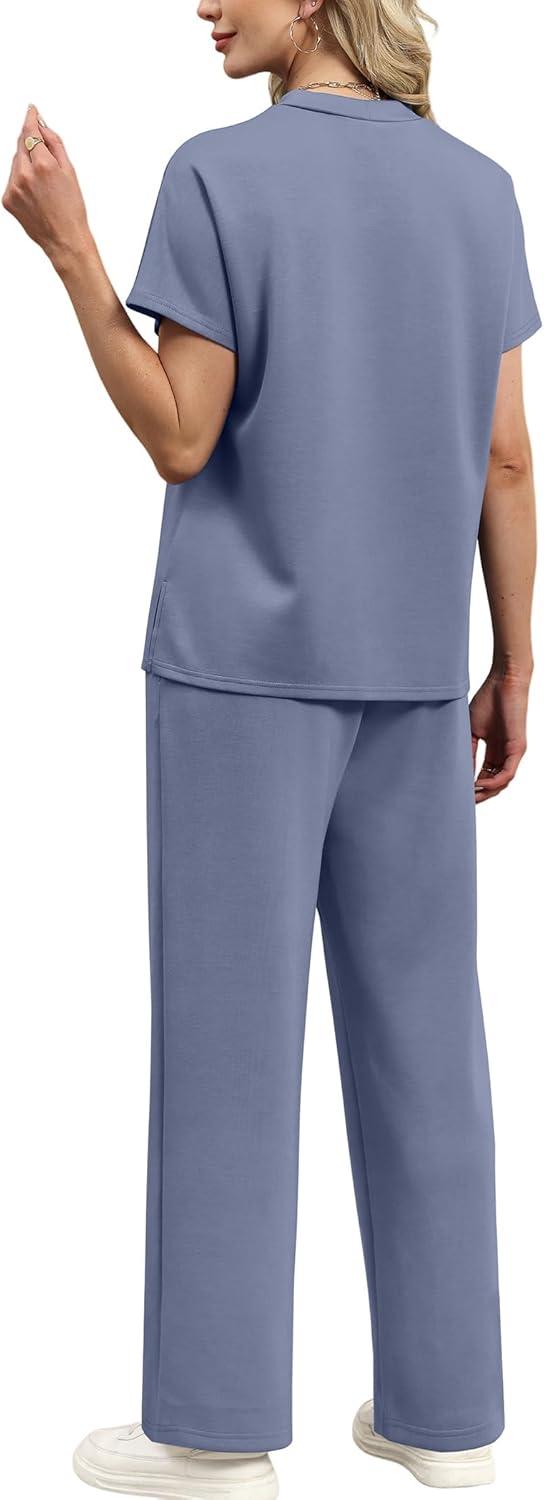 imageXIEERDUO Women Two Piece Lounge Sets 2 PC Travel Outfits Summer Fashion Tracksuits Spring Trendy Loungewear Mock Neck Short Batwing Sleeve Track Suits Womens Vacation Cruise Resort Wear Blue M