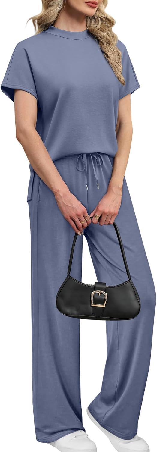 imageXIEERDUO Women Two Piece Lounge Sets 2 PC Travel Outfits Summer Fashion Tracksuits Spring Trendy Loungewear Mock Neck Short Batwing Sleeve Track Suits Womens Vacation Cruise Resort Wear Blue S