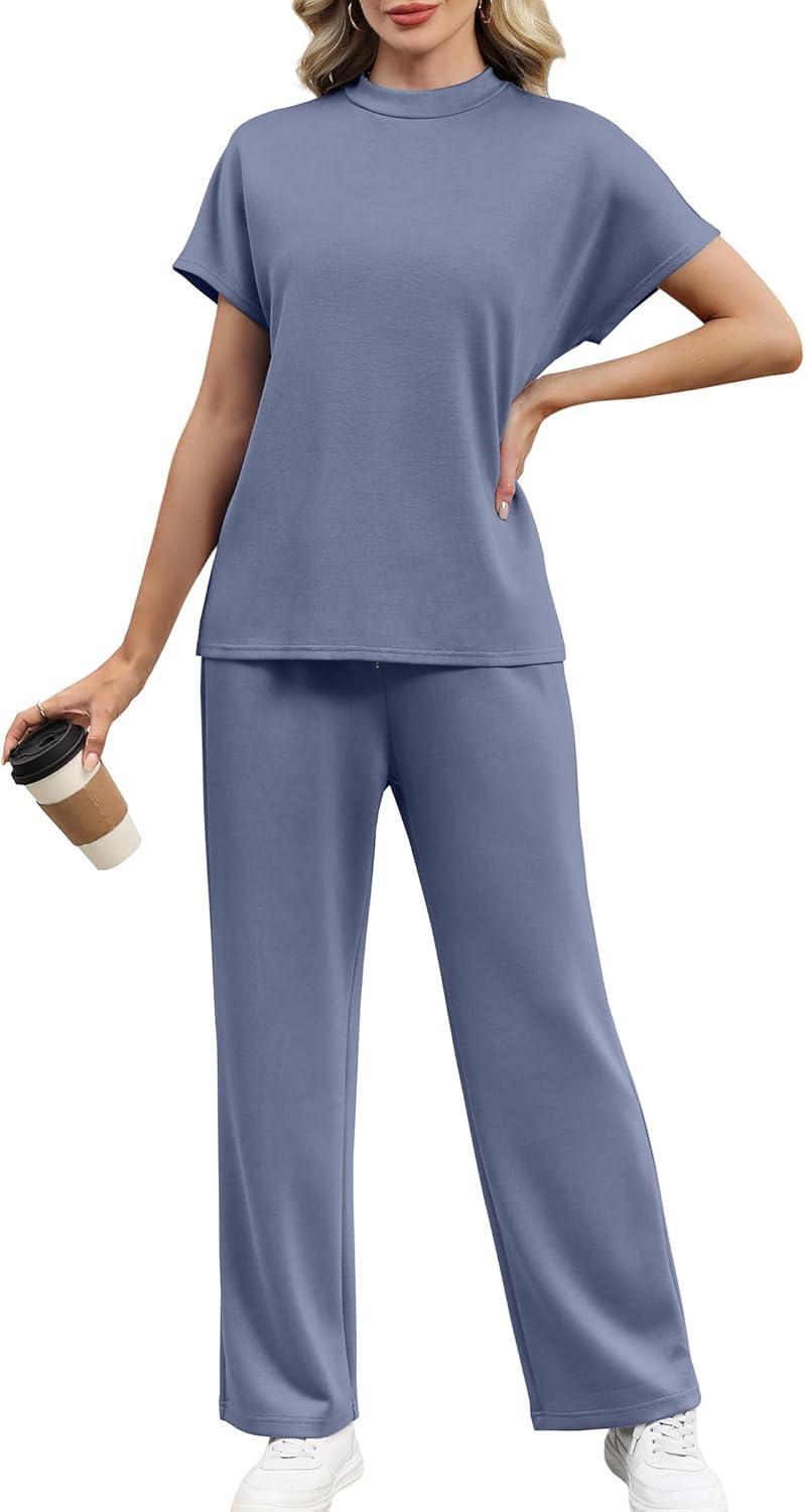 imageXIEERDUO Women Two Piece Lounge Sets 2 PC Travel Outfits Summer Fashion Tracksuits Spring Trendy Loungewear Mock Neck Short Batwing Sleeve Track Suits Womens Vacation Cruise Resort Wear Blue L