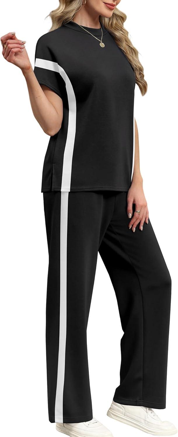 imageXIEERDUO Womens Lounge Sets Casual Summer 2 Piece Outfits Spring Batwing Sleeve Loungewear Airport Tracksuit Travel Track Suits Vacation Clothes Wide Leg Long Pants Matching Clothing Black XL