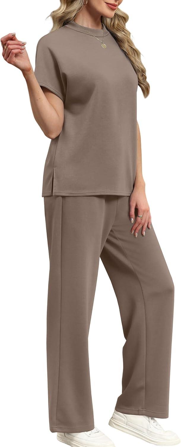 imageXIEERDUO Womens Lounge Sets Casual Summer Two Piece Outfits Spring Batwing Sleeve Loungewear Airport Tracksuits Travel Track Suits Vacation Clothes Wide Leg Long Pants Matching Clothing Khaki XL