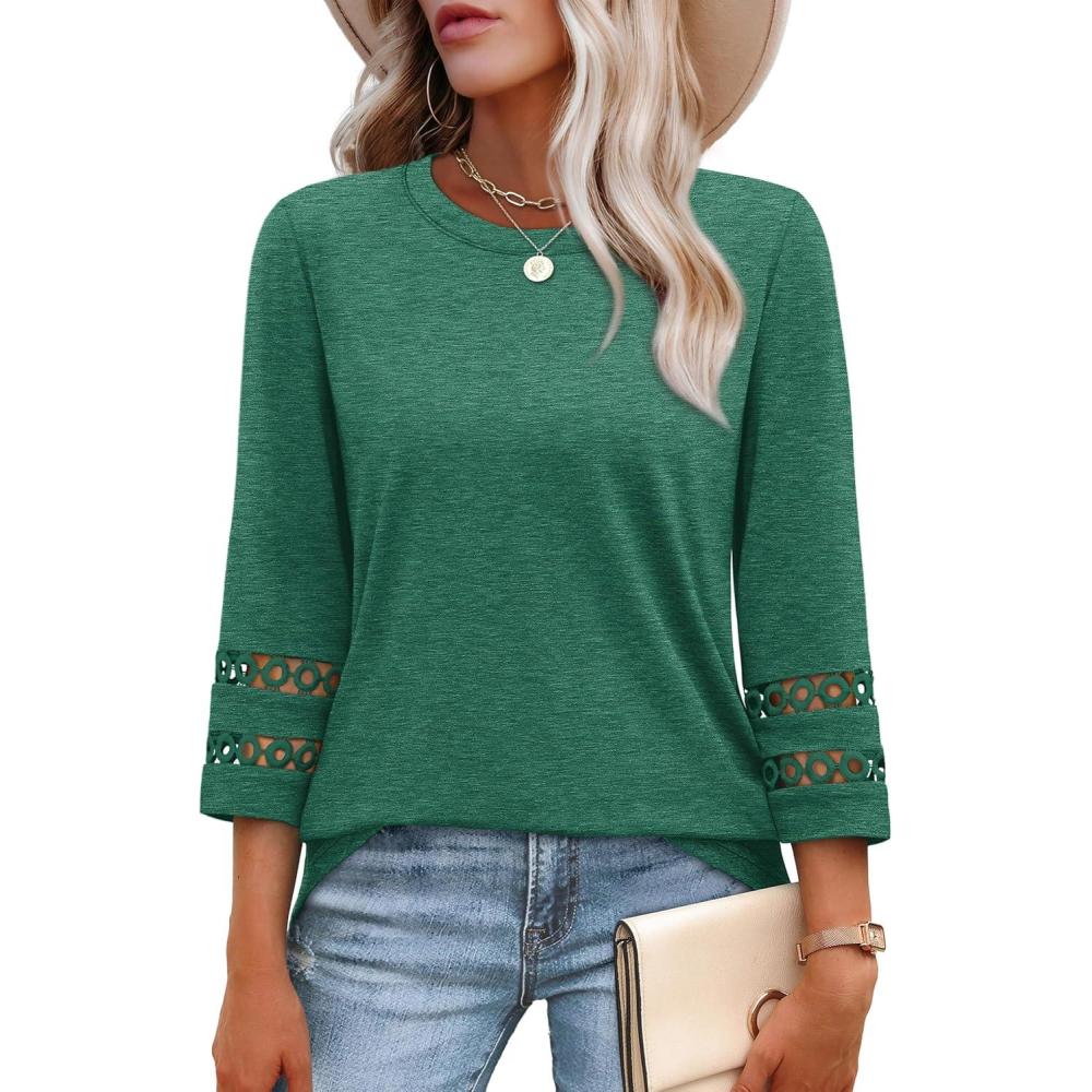 imageXIEERDUO 34 Length Sleeve Womens Tops and Blouses Dressy Casual Crewneck T Shirts Fashion Clothes Loose Fit TrendyGreen