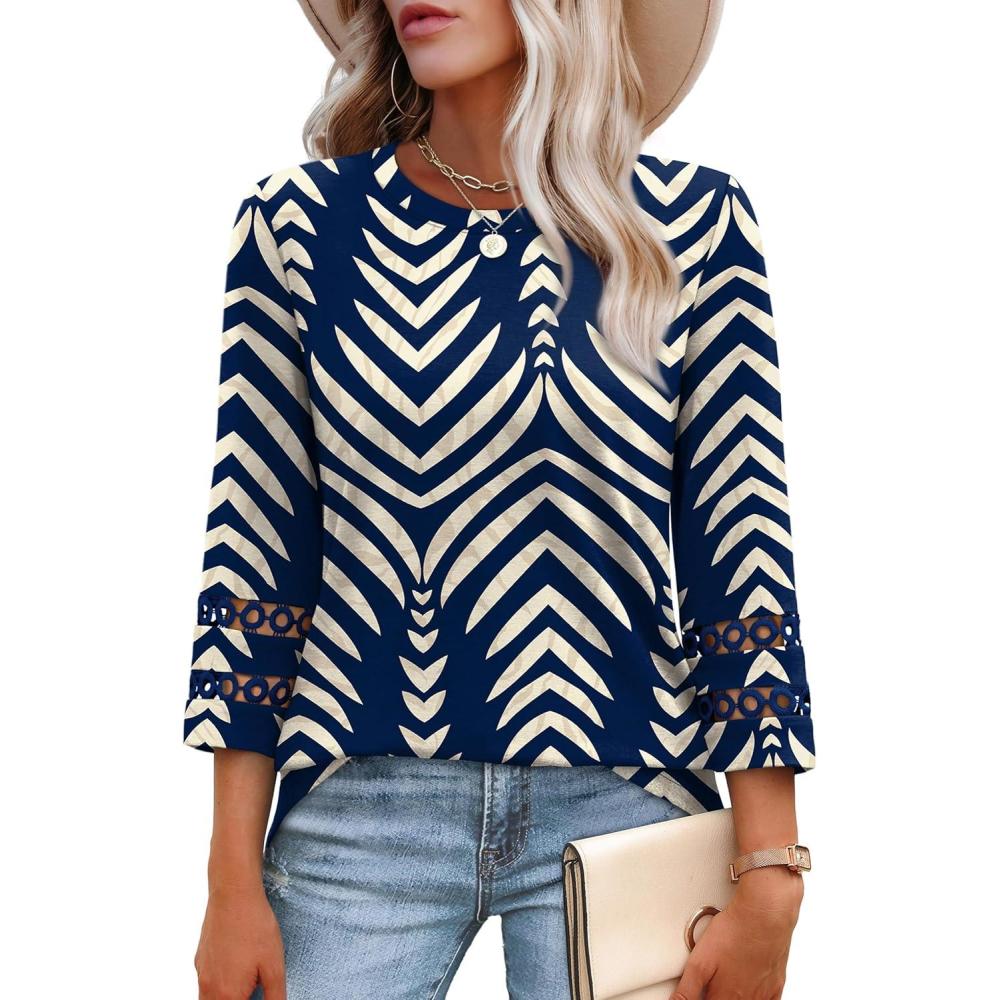 imageXIEERDUO 34 Length Sleeve Womens Tops and Blouses Dressy Casual Crewneck T Shirts Fashion Clothes Loose Fit TrendyZ Print Navy
