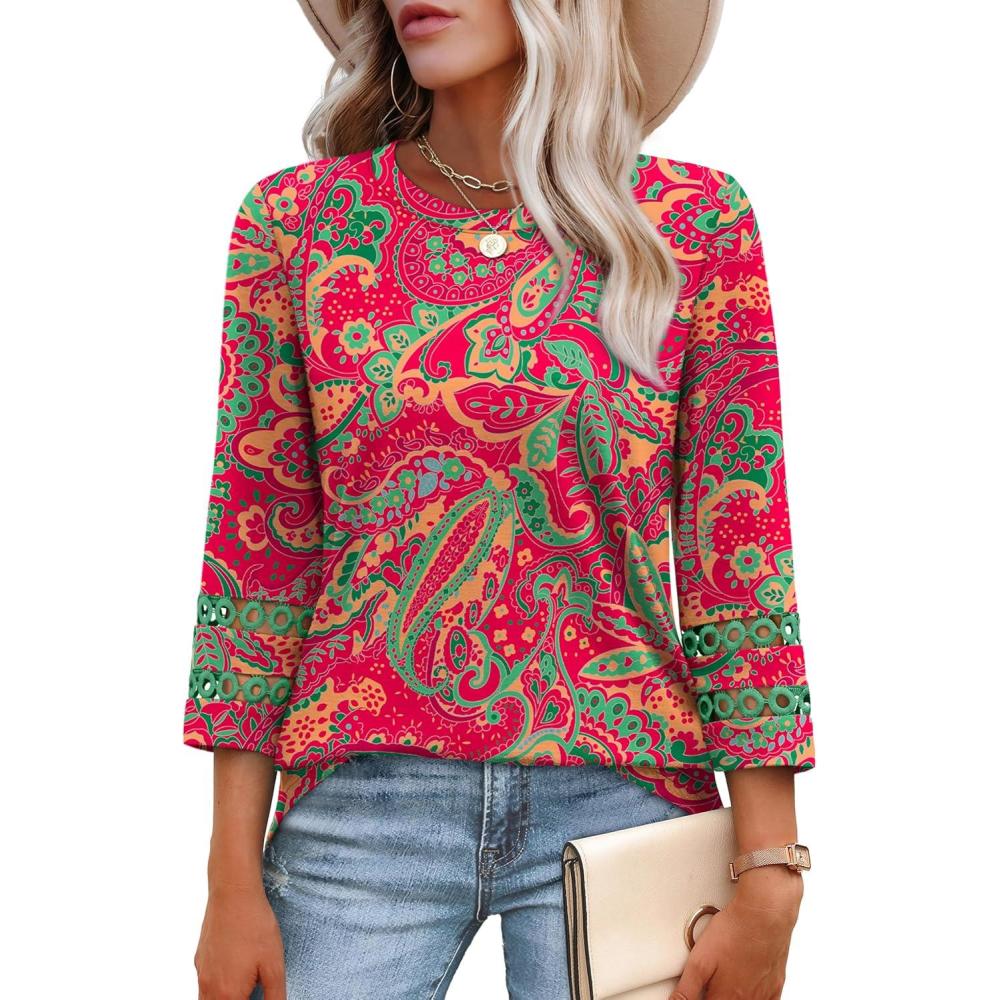 imageXIEERDUO 34 Length Sleeve Womens Tops and Blouses Dressy Casual Crewneck T Shirts Fashion Clothes Loose Fit TrendyZ Red Boho