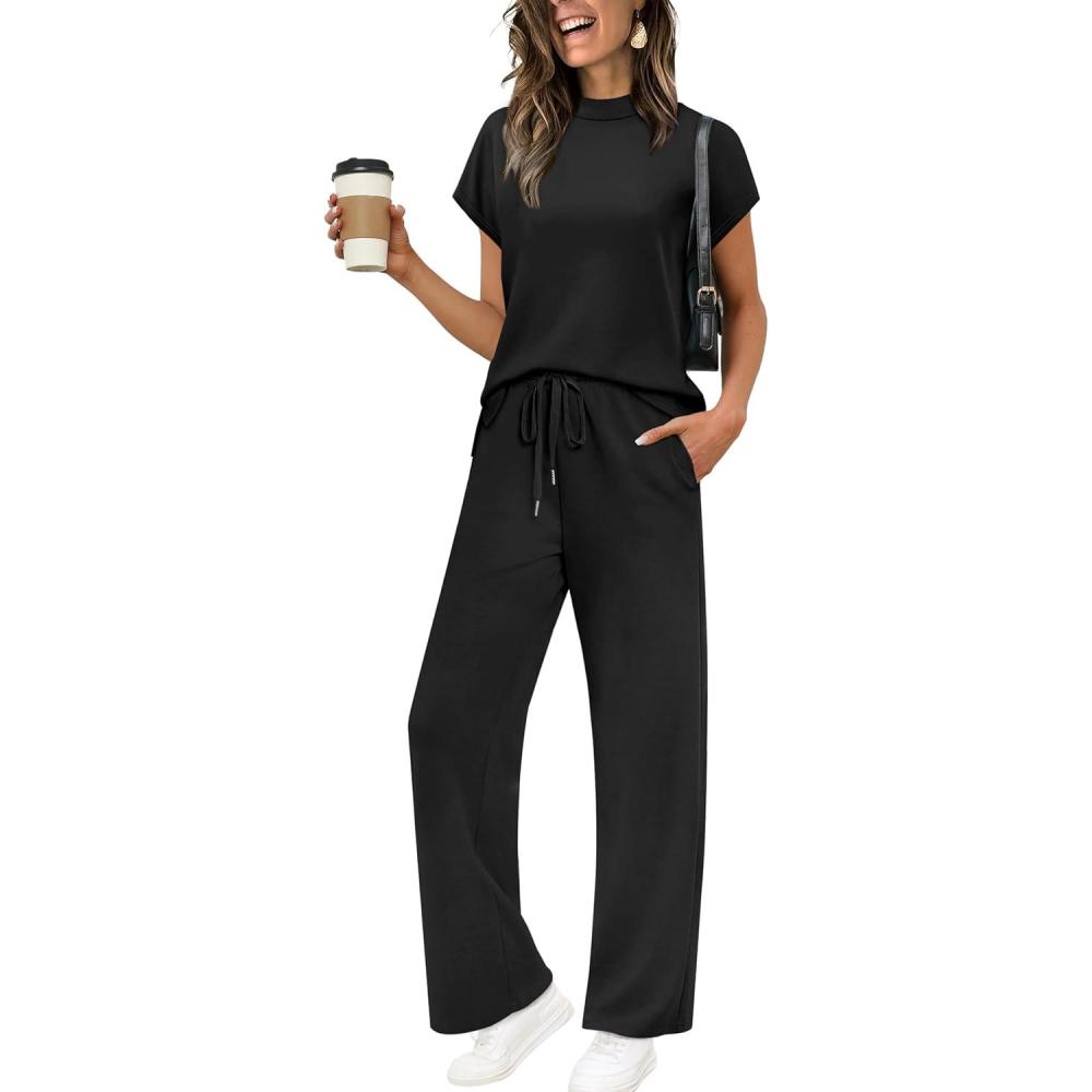 imageXIEERDUO Women Lounge Sets Summer Two Piece Outfits Spring Airport Wide Leg Loungewear Travel Short Sleeve Tracksuits Vacation Mock Neck Track Suits Woman Resort Cruise Wear Loose Fit Black S