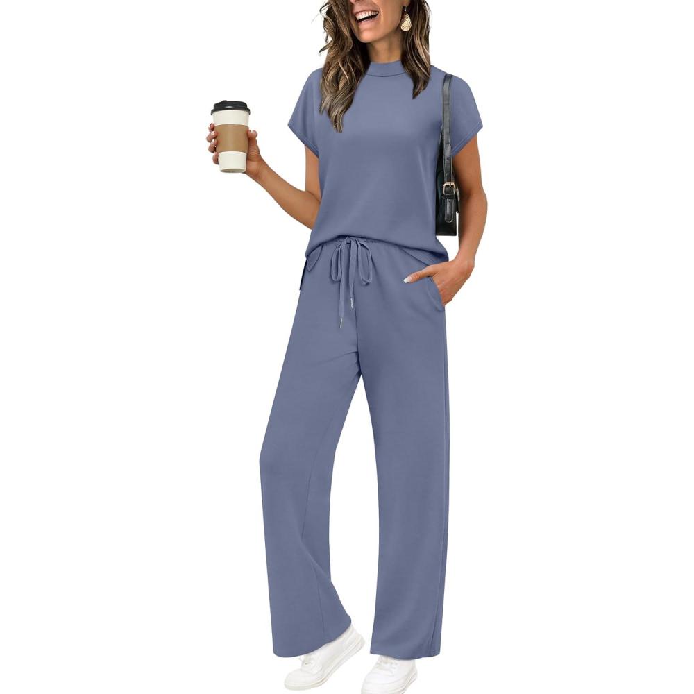 imageXIEERDUO Women Two Piece Lounge Sets 2 PC Travel Outfits Summer Fashion Tracksuits Spring Trendy Loungewear Mock Neck Short Batwing Sleeve Track Suits Womens Vacation Cruise Resort Wear Blue XL