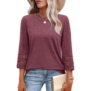 XIEERDUO 3/4 Length Sleeve Womens Tops and Blouses Dressy Casual Crewneck T Shirts Fashion Clothes Loose Fit Trendy(Wine Red)
