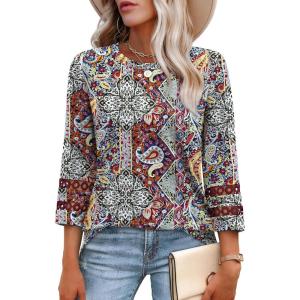 XIEERDUO 3/4 Length Sleeve Womens Tops and Blouses Dressy Casual Crewneck T Shirts Fashion Clothes Loose Fit Trendy(Z Boho Multi)
