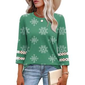 XIEERDUO 3/4 Length Sleeve Womens Tops and Blouses Dressy Casual Crewneck T Shirts Fashion Clothes Loose Fit Trendy(Z Green Print)