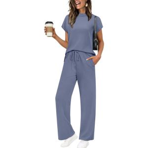 XIEERDUO Women Two Piece Lounge Sets 2 PC Travel Outfits Summer Fashion Tracksuits Spring Trendy Loungewear Mock Neck Short Batwing Sleeve Track Suits Women’s Vacation Cruise Resort Wear Blue L