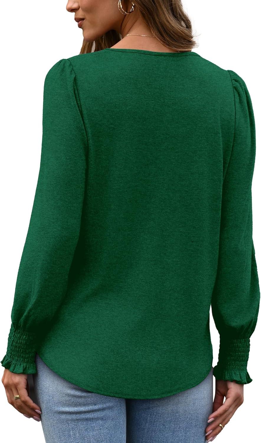 imageXIEERDUO Blouses for Women Dressy Casual Long Sleeve Shirts Fashion Clothing Puff Sleeve Tunic Tops with Smocked CuffsGreen