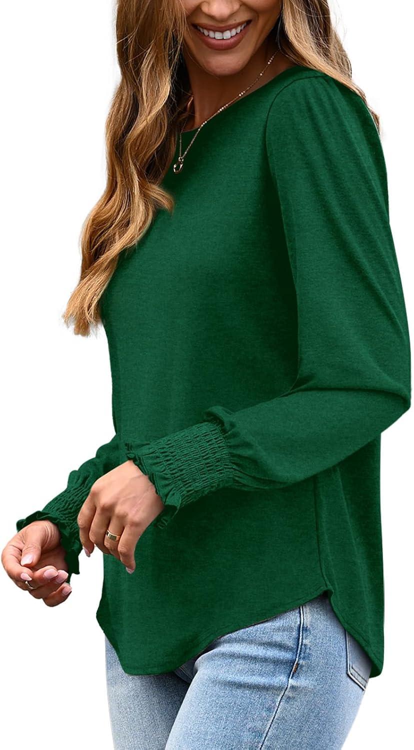 imageXIEERDUO Blouses for Women Dressy Casual Long Sleeve Shirts Fashion Clothing Puff Sleeve Tunic Tops with Smocked CuffsGreen