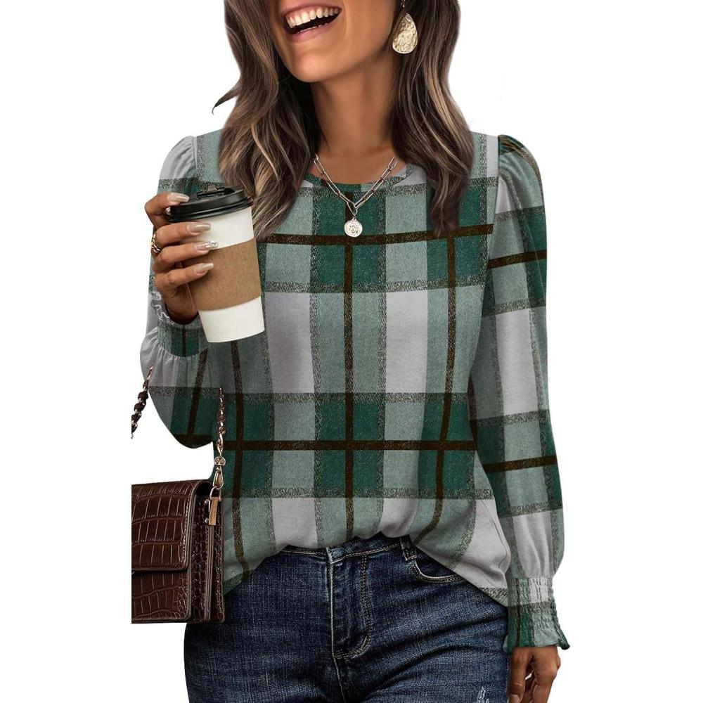 imageXIEERDUO Blouses for Women Dressy Casual Long Sleeve Shirts Fashion Clothing Puff Sleeve Tunic Tops with Smocked CuffsGreen Plaid