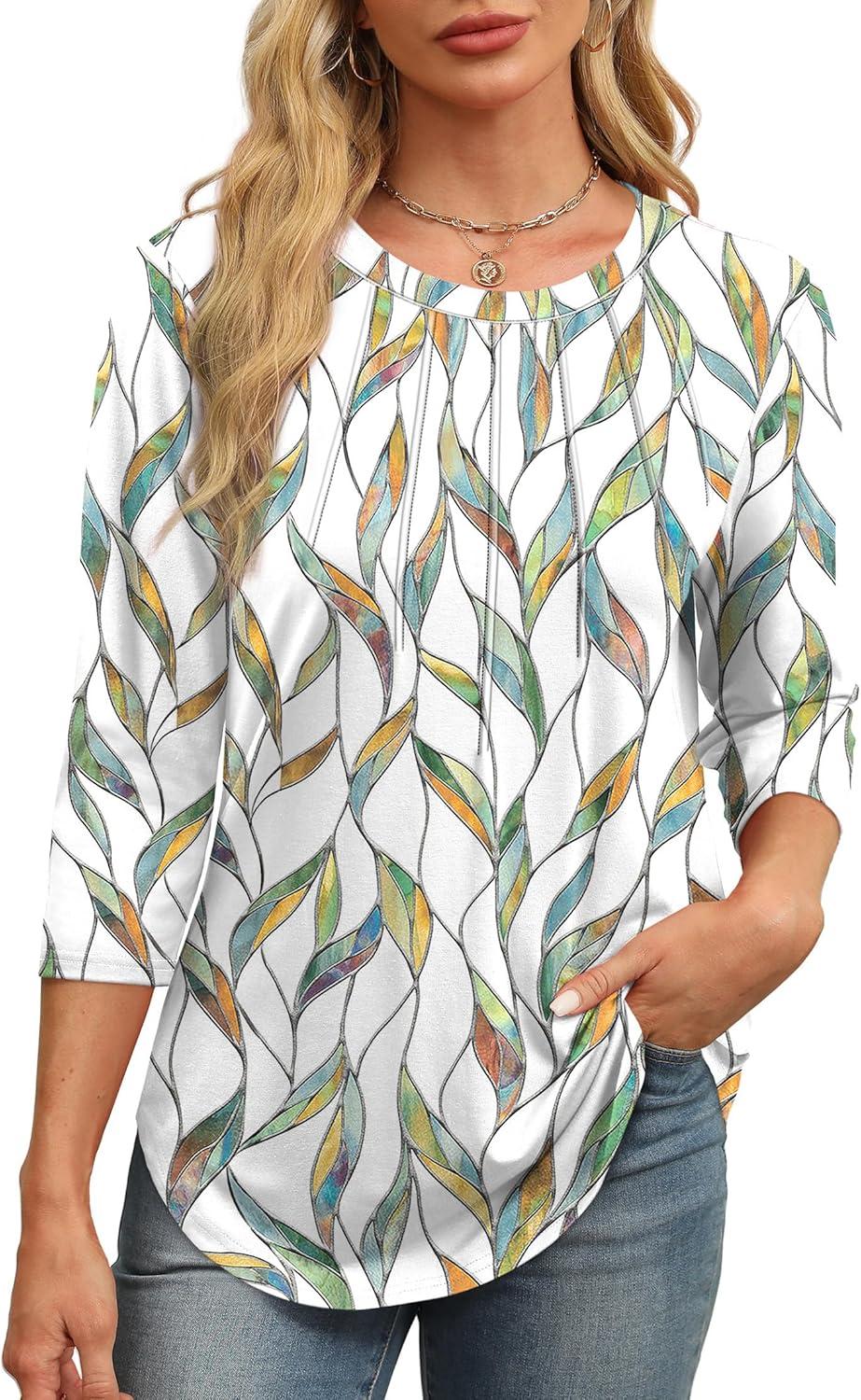 imageXIEERDUO 34 Length Sleeve Womens Tops Round Neck Casual Tunic Tops Basic Pleated Shirts Loose Fit 2025Apatternedwhite Print