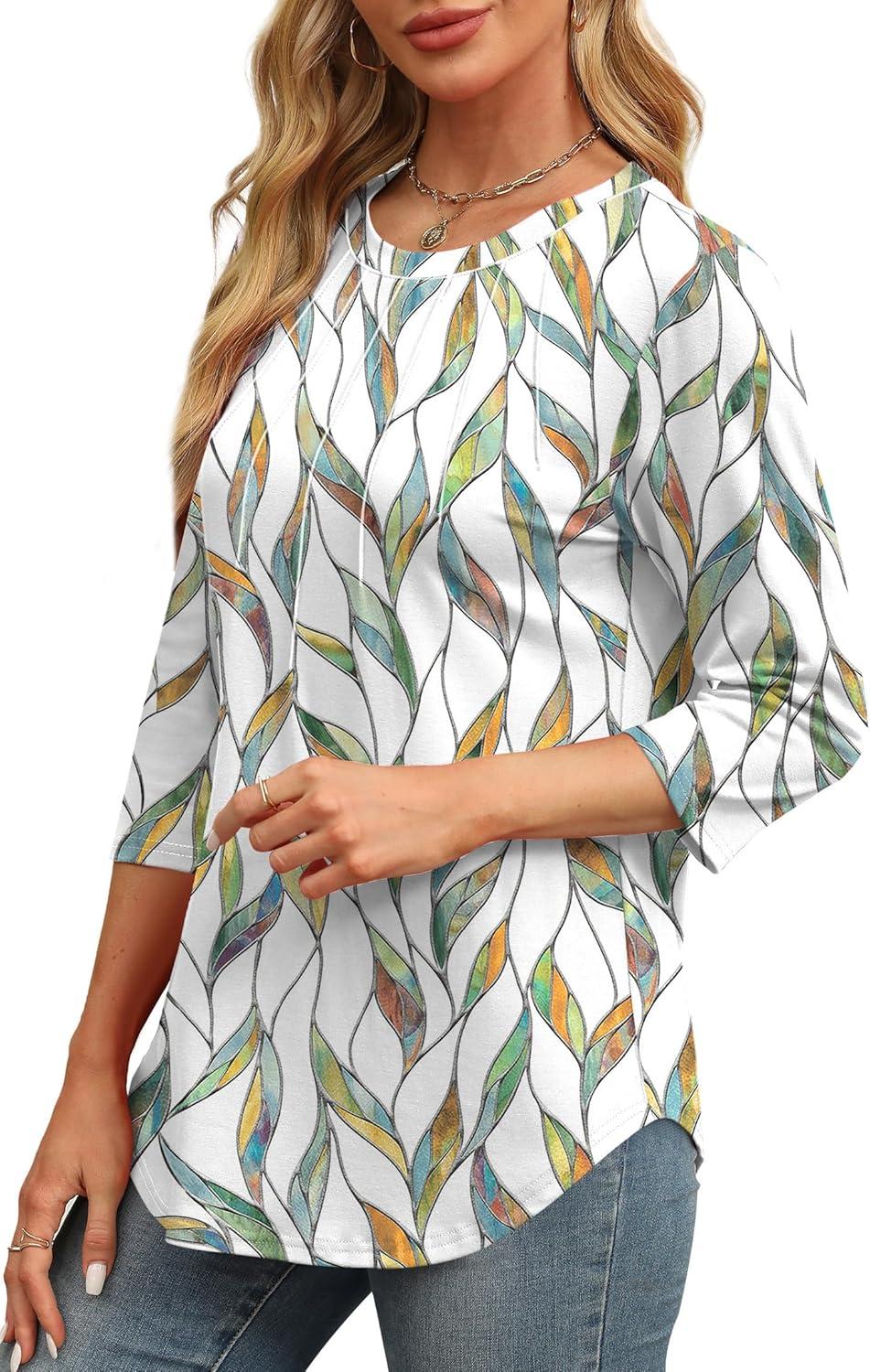 imageXIEERDUO 34 Length Sleeve Womens Tops Round Neck Casual Tunic Tops Basic Pleated Shirts Loose Fit 2025Apatternedwhite Print