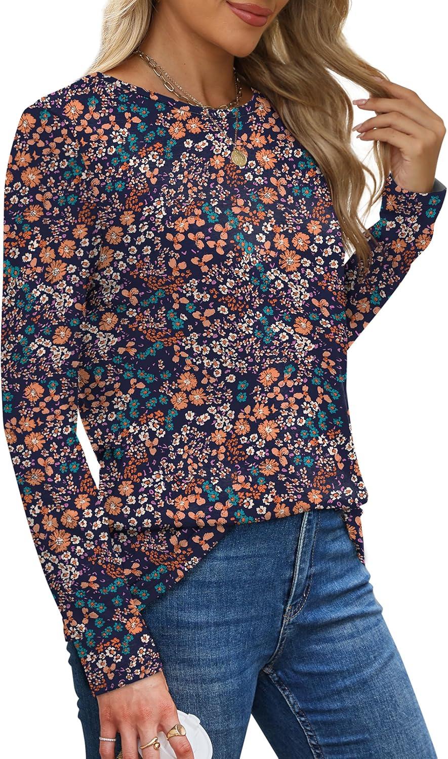 imageXIEERDUO Long Sleeve Shirts for Women Casual Crew Neck Basic Fall Tops Loose Fit ComfyD Blue Floral