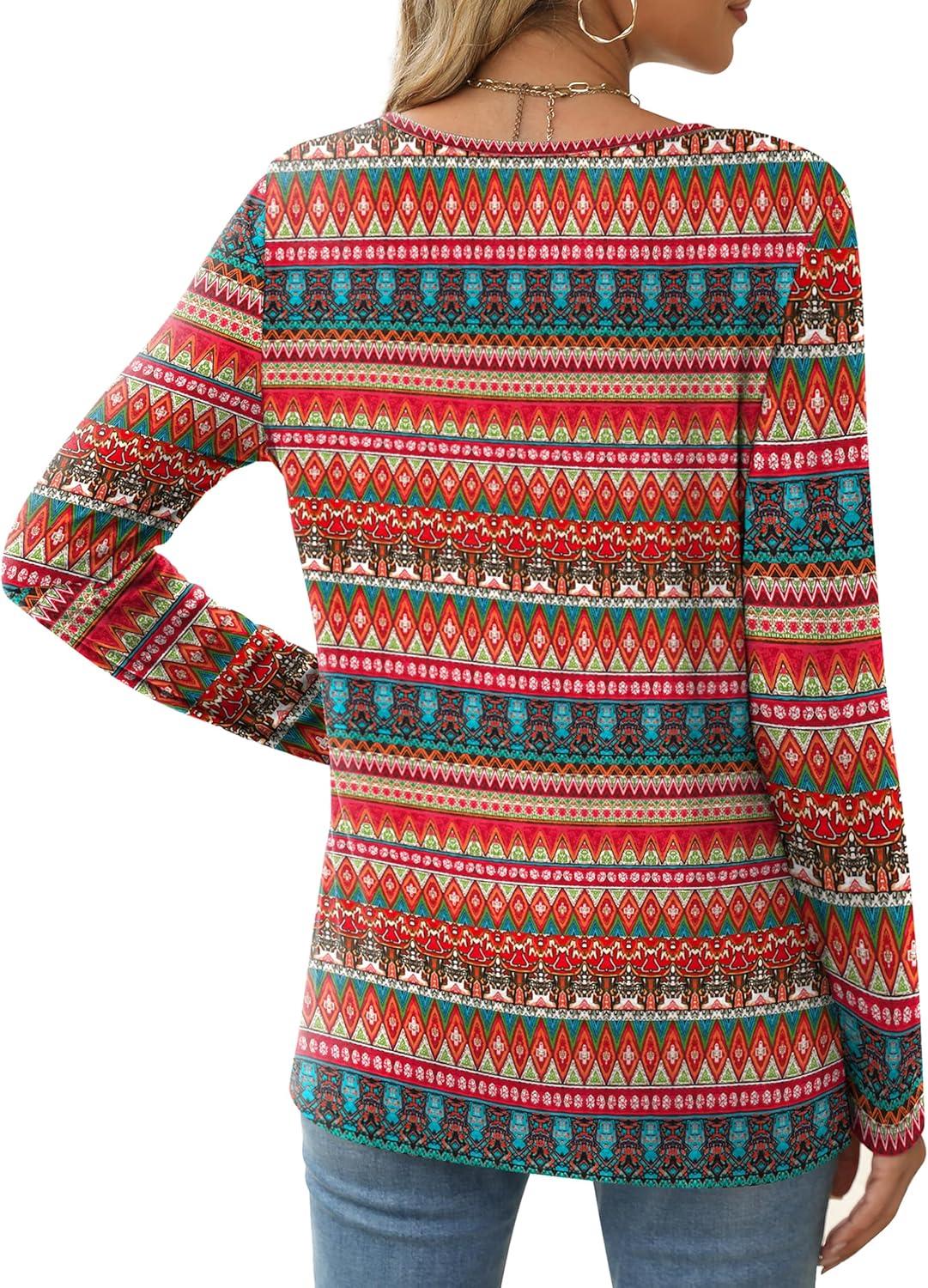 imageXIEERDUO Long Sleeve Shirts for Women Casual Crew Neck Basic Fall Tops Loose Fit ComfyD Boho Red