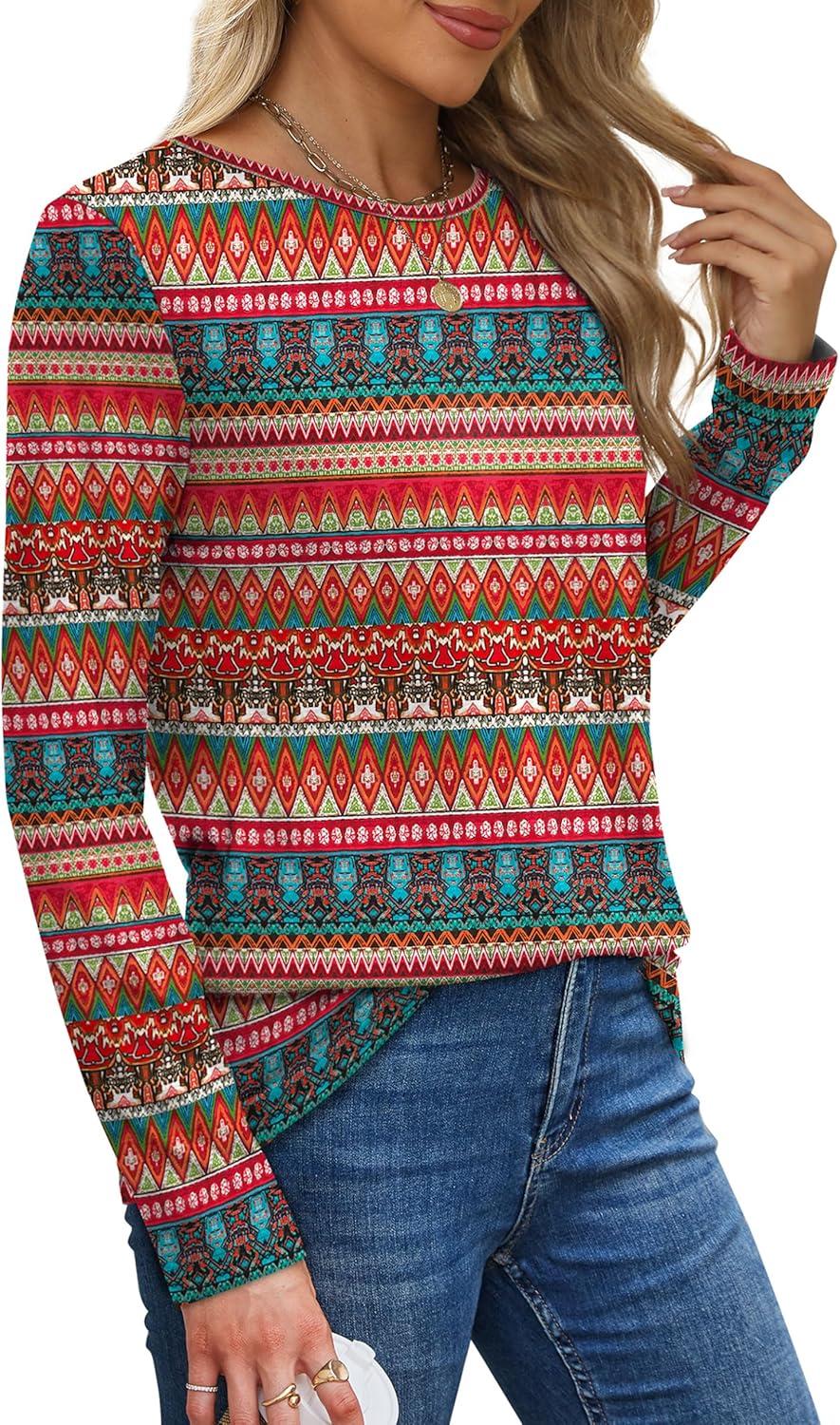 imageXIEERDUO Long Sleeve Shirts for Women Casual Crew Neck Basic Fall Tops Loose Fit ComfyD Boho Red