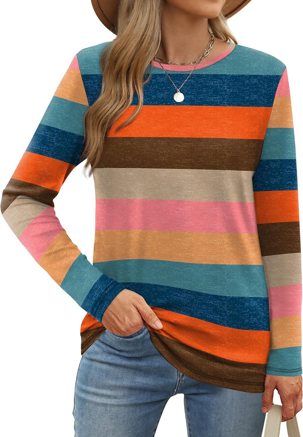 imageXIEERDUO Long Sleeve Shirts for Women Casual Crew Neck Basic Fall Tops Loose Fit ComfyD Colorful Stripes