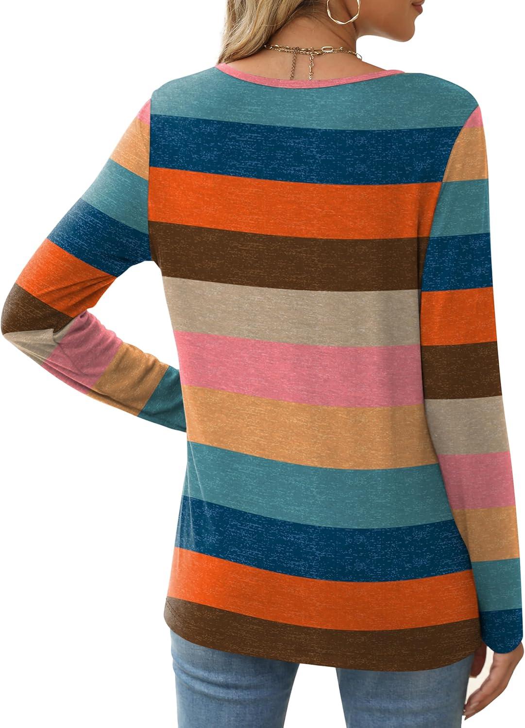 imageXIEERDUO Long Sleeve Shirts for Women Casual Crew Neck Basic Fall Tops Loose Fit ComfyD Colorful Stripes