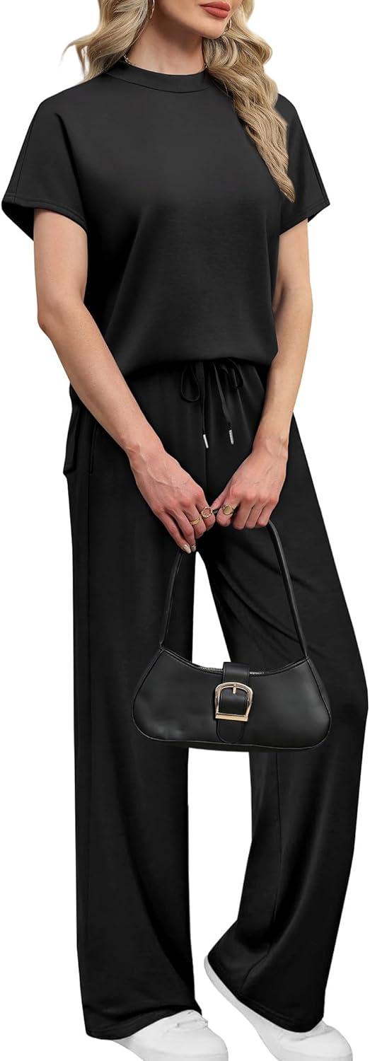 imageXIEERDUO Womens Side Slit Lounge Sets 2 Piece Travel Outfits Wide Leg Loungewear Fashion Mock Neck Tracksuits S3XLA Black