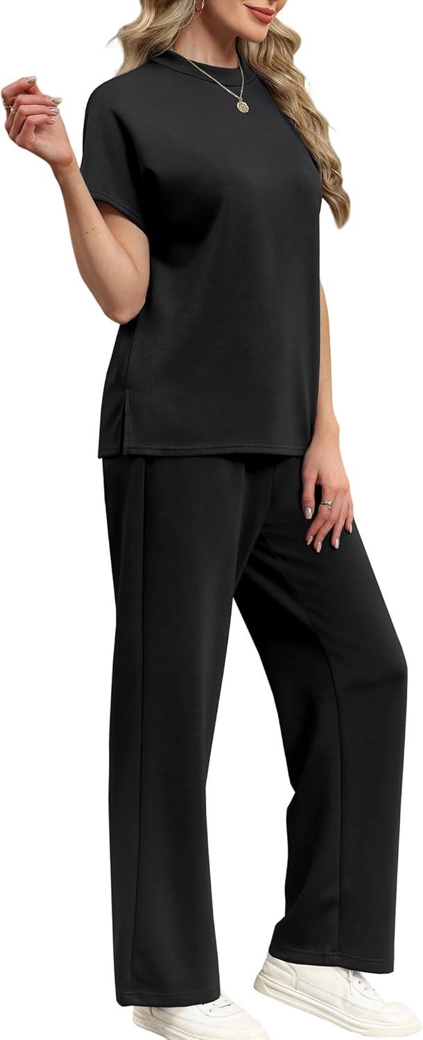 imageXIEERDUO Womens Side Slit Lounge Sets 2 Piece Travel Outfits Wide Leg Loungewear Fashion Mock Neck Tracksuits S3XLA Black