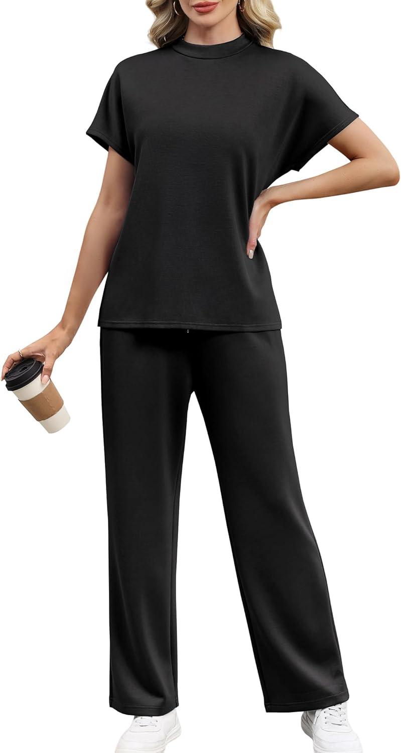 imageXIEERDUO Womens Side Slit Lounge Sets 2 Piece Travel Outfits Wide Leg Loungewear Fashion Mock Neck Tracksuits S3XLA Black