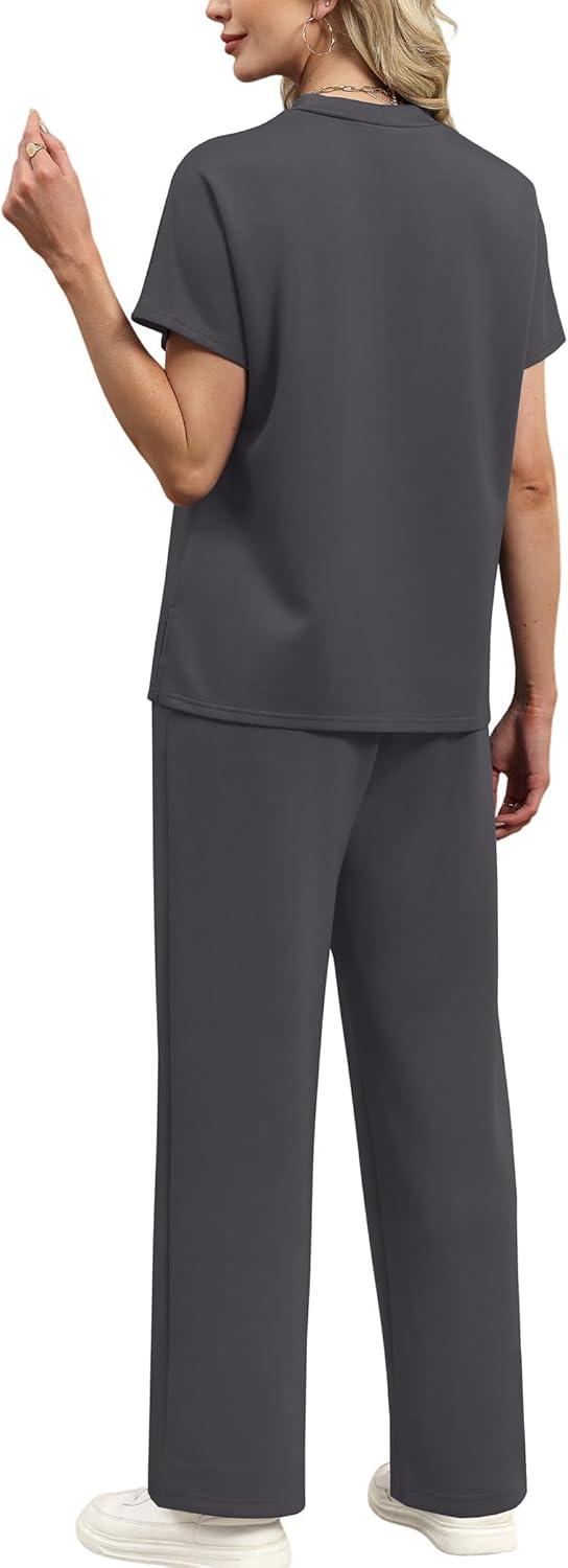 imageXIEERDUO Womens Side Slit Lounge Sets 2 Piece Travel Outfits Wide Leg Loungewear Fashion Mock Neck Tracksuits S3XLDark Grey