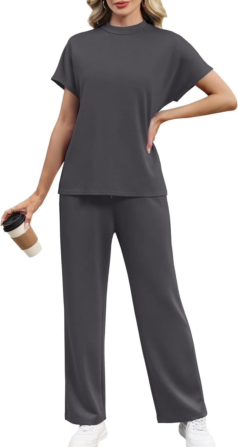 imageXIEERDUO Womens Side Slit Lounge Sets 2 Piece Travel Outfits Wide Leg Loungewear Fashion Mock Neck Tracksuits S3XLDark Grey