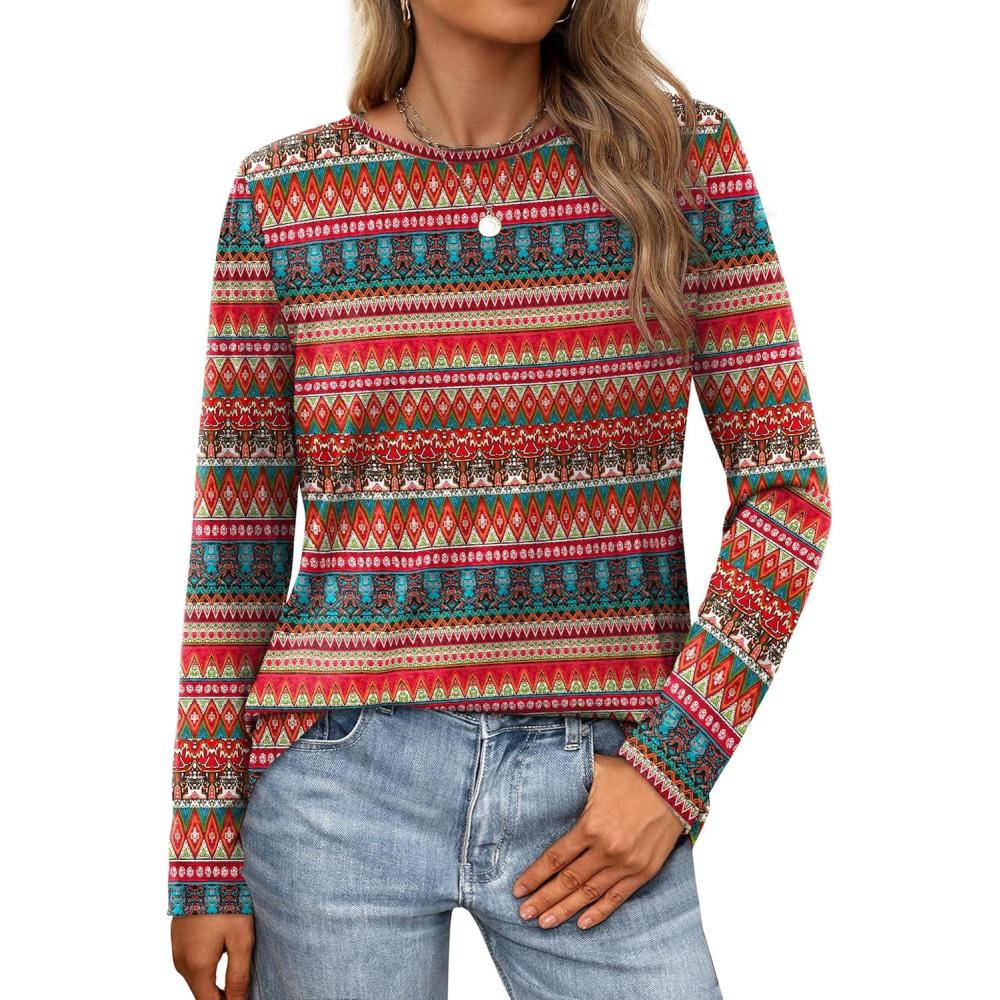 imageXIEERDUO Long Sleeve Shirts for Women Casual Crew Neck Basic Fall Tops Loose Fit ComfyD Boho Red