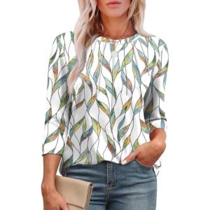 XIEERDUO 3/4 Length Sleeve Womens Tops Round Neck Casual Tunic Tops Basic Pleated Shirts Loose Fit 2025(Apatterned-white Print)