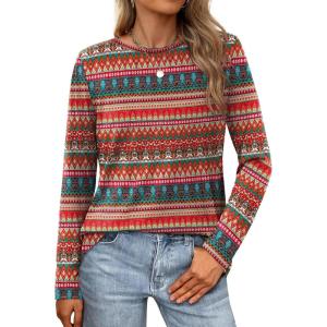 XIEERDUO Long Sleeve Shirts for Women Casual Crew Neck Basic Fall Tops Loose Fit Comfy(D Boho Red)