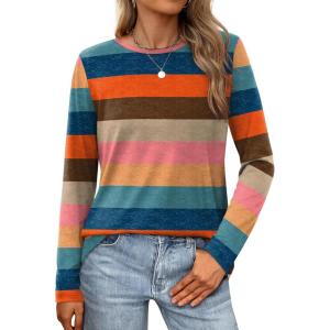 XIEERDUO Long Sleeve Shirts for Women Casual Crew Neck Basic Fall Tops Loose Fit Comfy(D Colorful Stripes)