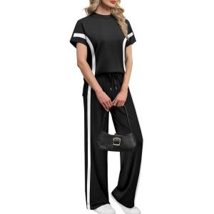XIEERDUO Women’s Side Slit Lounge Sets 2 Piece Travel Outfits Wide Leg Loungewear Fashion Mock Neck Tracksuits S-3XL(Black White)