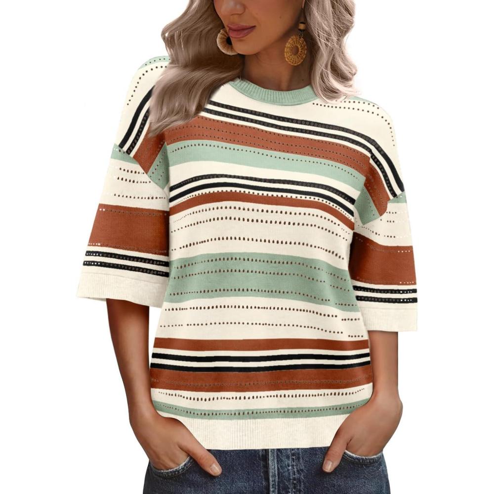 imageXIEERDUO Womens Half Sleeve Sweater Knit Crochet Blouses Tops 2026 Spring Summer Fashion Clothing OutfitsAgreen Brown Stripe