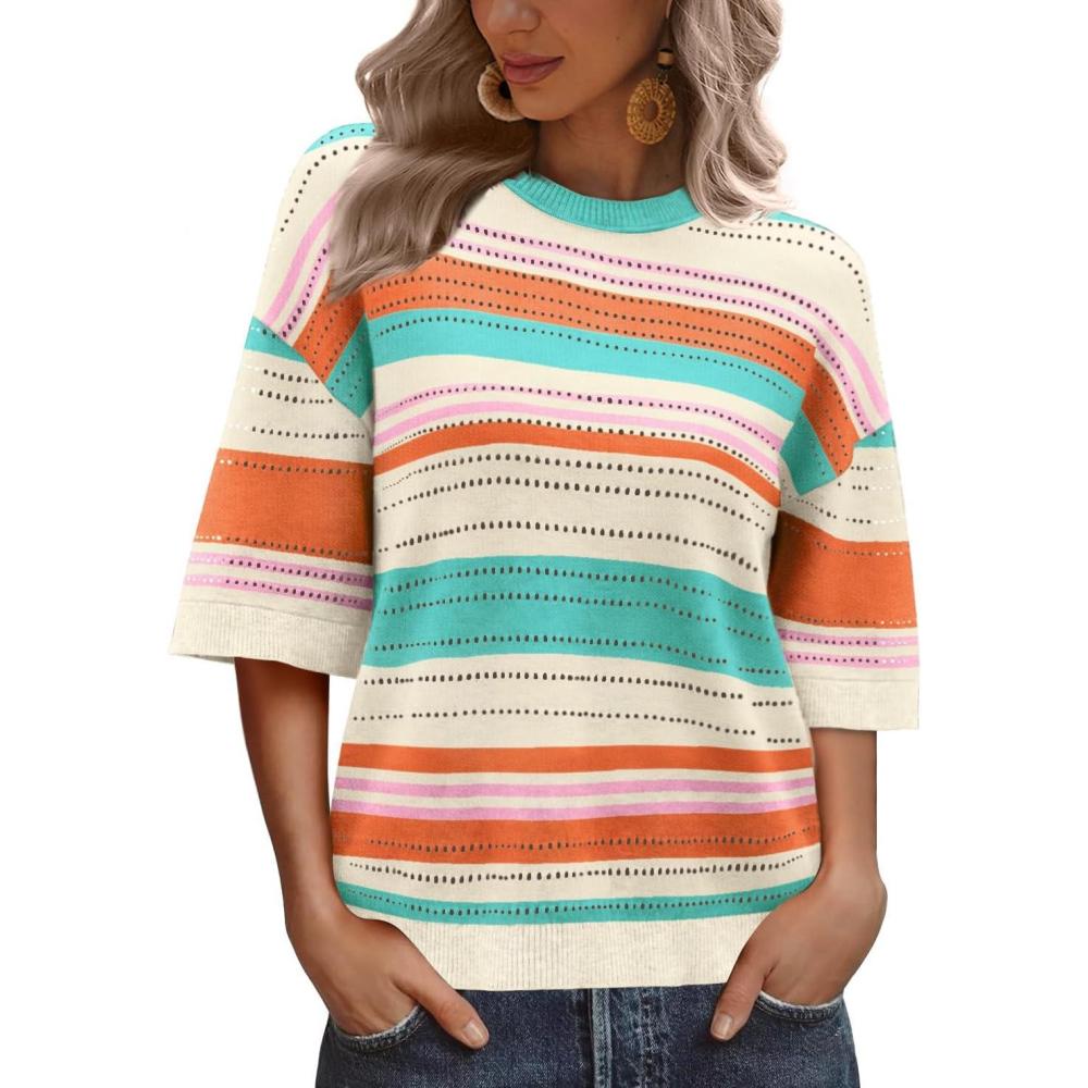 imageXIEERDUO Womens Half Sleeve Sweater Knit Crochet Blouses Tops 2026 Spring Summer Fashion Clothing OutfitsAturquoise Orange Stripe
