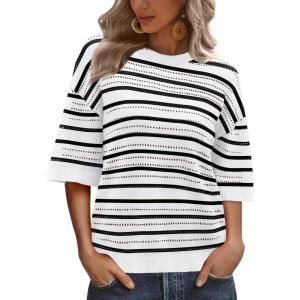 XIEERDUO Womens Half Sleeve Sweater Knit Crochet Blouses Tops 2026 Spring Summer Fashion Clothing Outfits(A-black White Stripe)